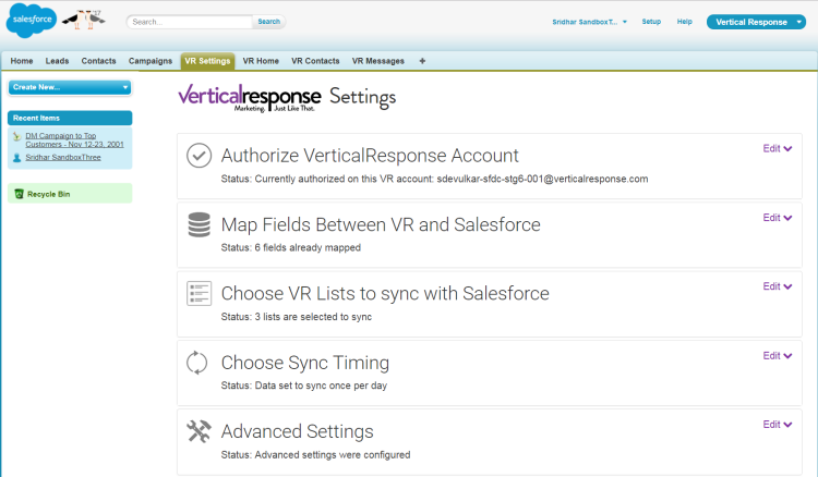 Salesforce Account with VerticalResponse 