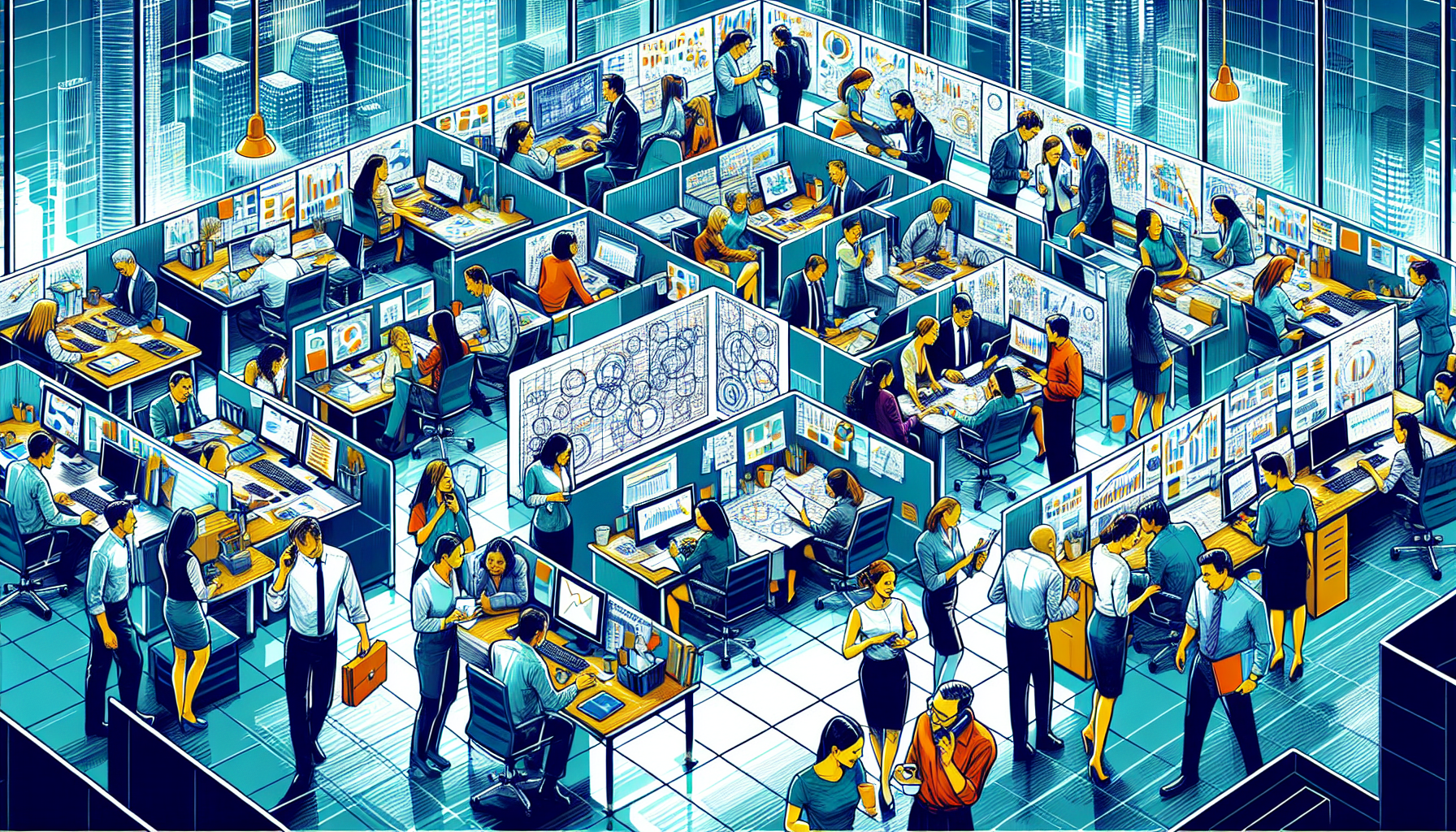 Illustration of a busy office with employees working on various tasks