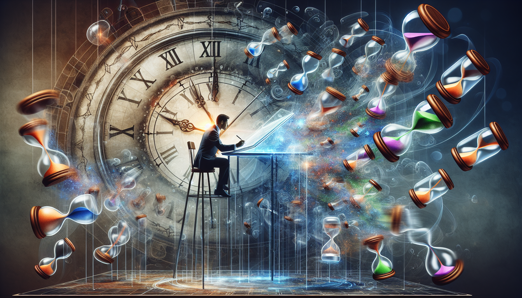 Artistic representation of time management with a clock and a person organizing tasks
