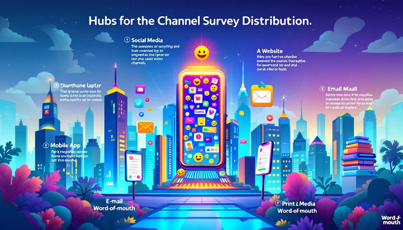 A visual representation of distributing surveys across various channels.