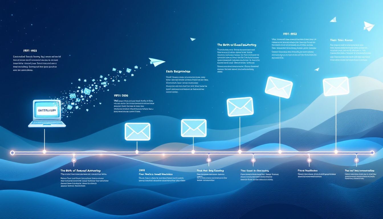 A timeline showing the evolution of email marketing from its inception to the present day.