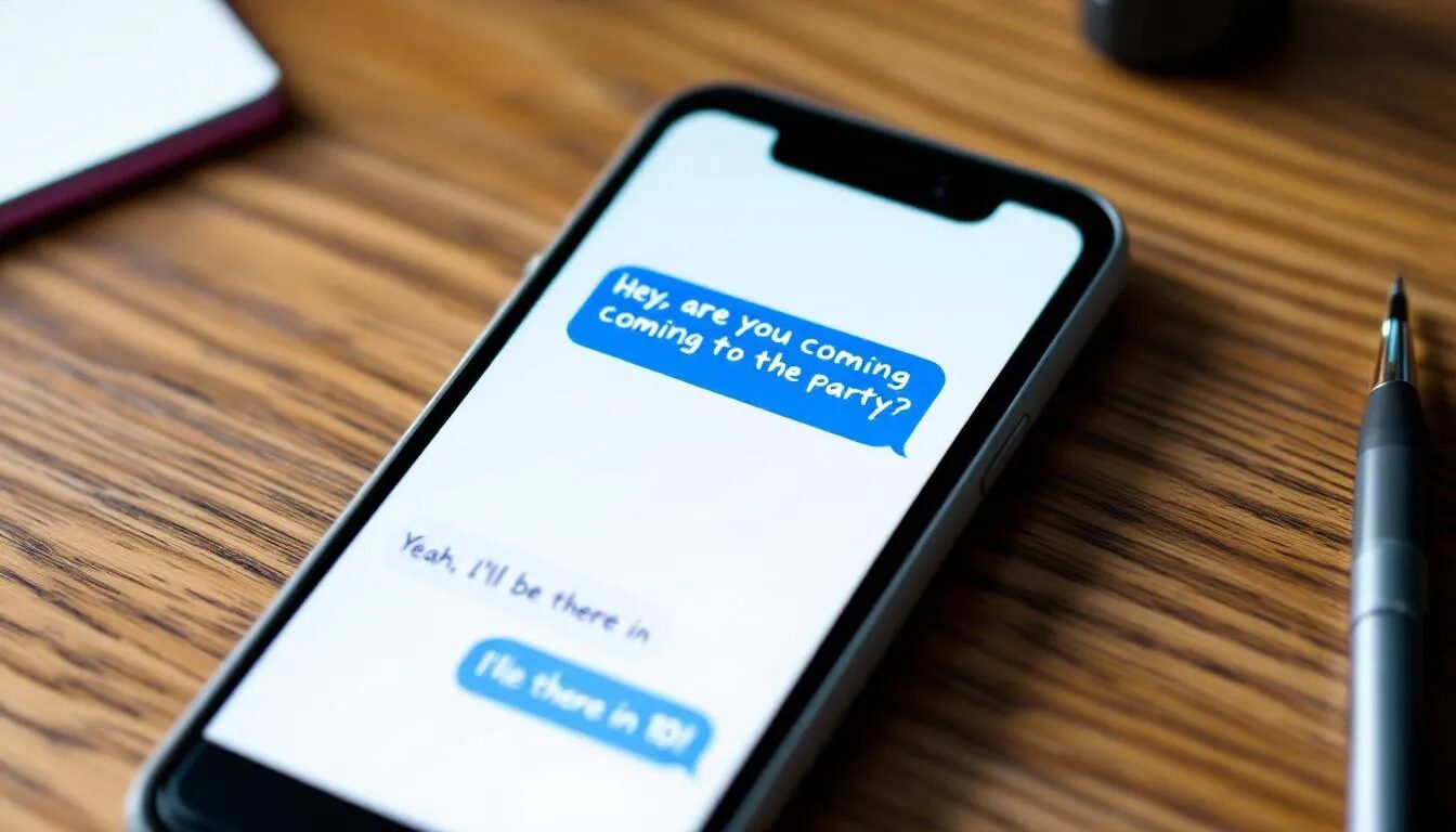 A mockup of a mobile phone displays an SMS conversation, showcasing various text messages exchanged between users. The interface highlights features of SMS marketing, including personalized messages and marketing campaigns, illustrating the importance of mobile messaging in customer communications.