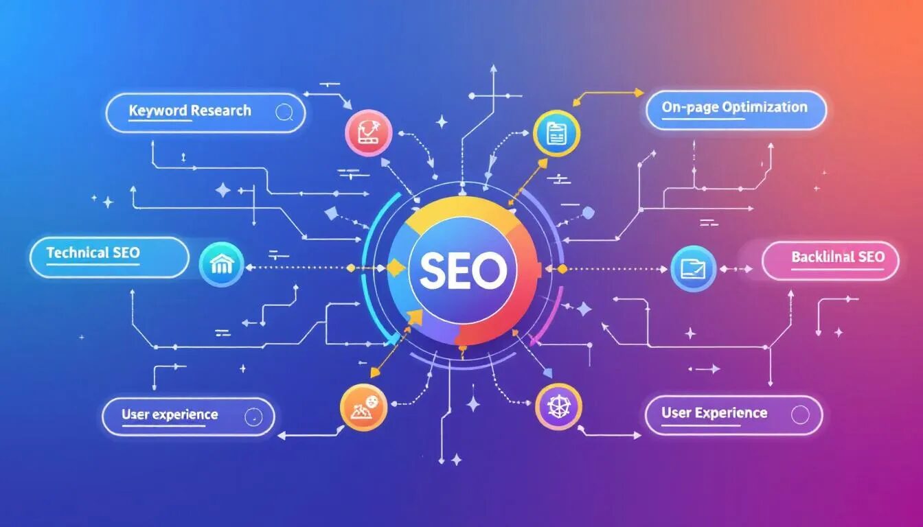 A diagram illustrating the key components of SEO engine optimization.