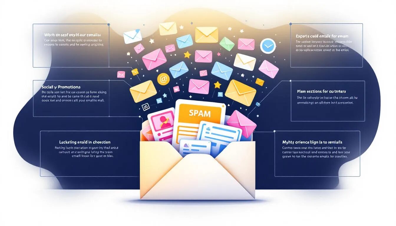 A visual representation of the myth that using certain words sends emails to spam, featuring a spam folder and various email icons.