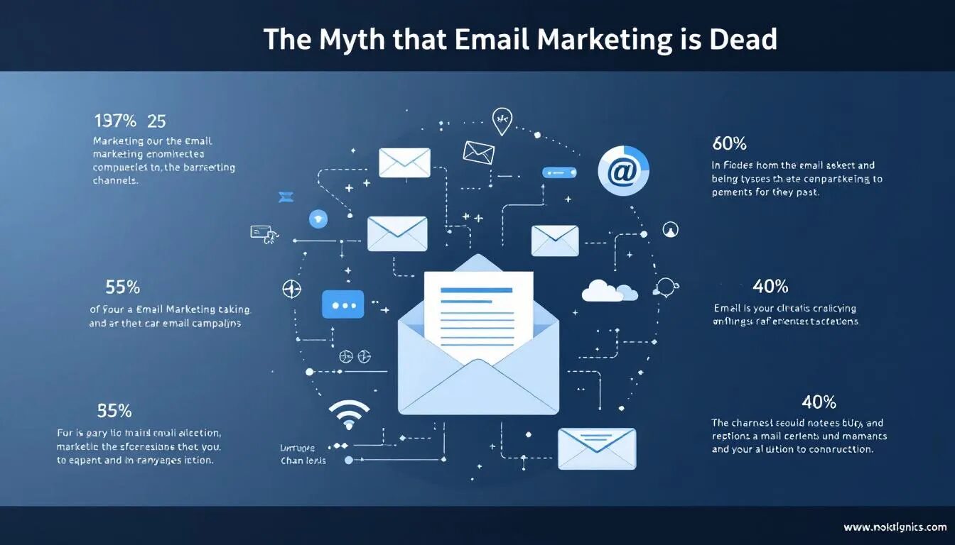 A graphic representation of the myth that email marketing is dead, featuring a thriving email campaign amidst other marketing channels.