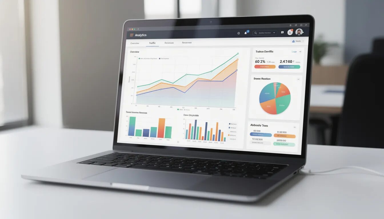 The image features a laptop displaying an analytics dashboard filled with colorful charts and graphs, illustrating key metrics related to email marketing campaigns. This visual representation highlights the importance of data in shaping effective marketing strategies and enhancing customer engagement.