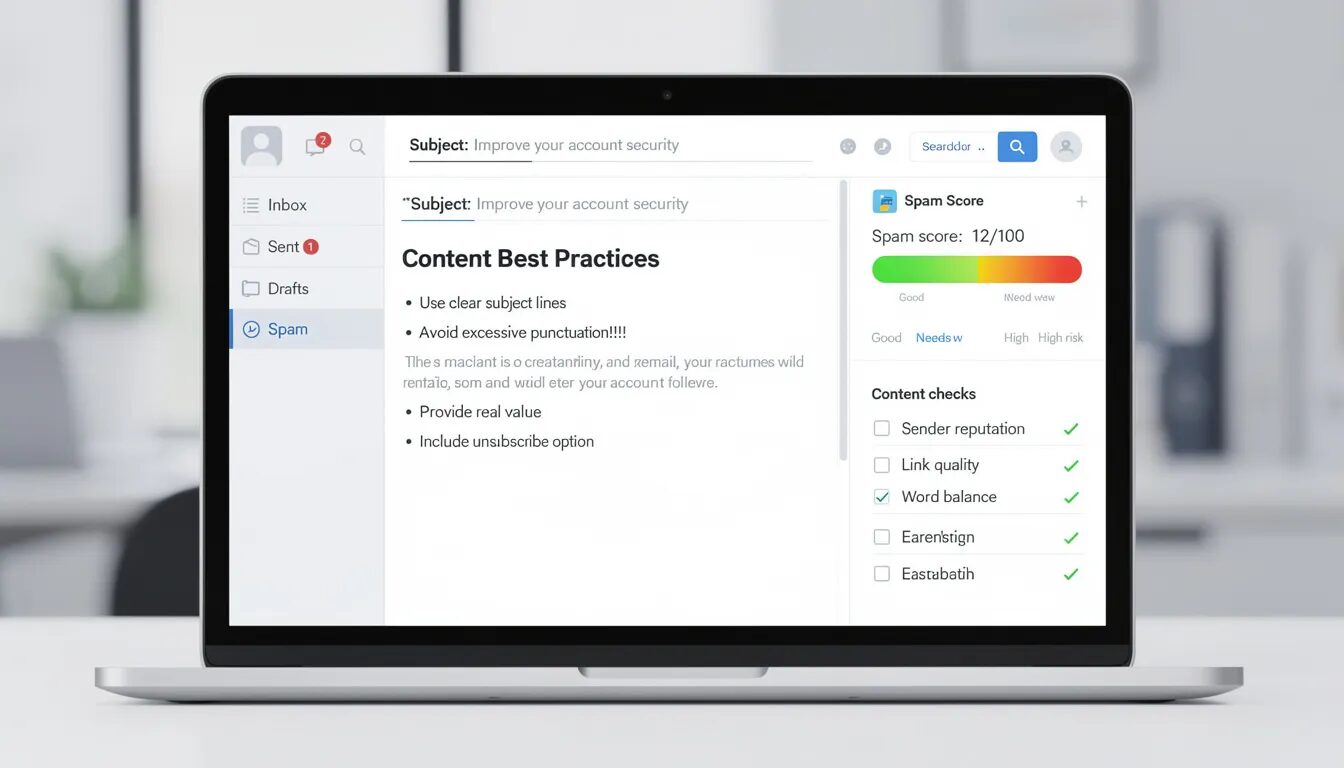 The image depicts an email composition interface highlighting best practices for email content, including spam score indicators and tips to avoid spam filters. It emphasizes the importance of maintaining a good sender reputation and using proper email authentication to ensure messages land in recipients' inboxes instead of their spam folder.