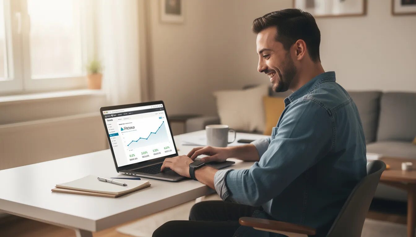 The image depicts a cheerful email marketing user, smiling while analyzing their email campaign results on a laptop, indicating successful email deliverability and high engagement rates. The user appears relieved, suggesting they have effectively avoided spam filters and maintained a good sender reputation.