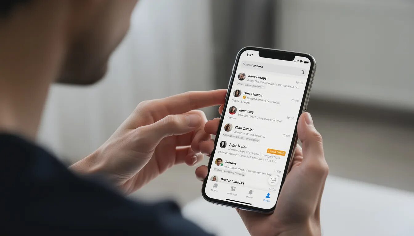 A person is scrolling through their email inbox on a modern smartphone, surrounded by various email marketing campaigns that deliver relevant messages. The screen displays subject lines from automated emails designed to boost engagement and enhance customer experience.