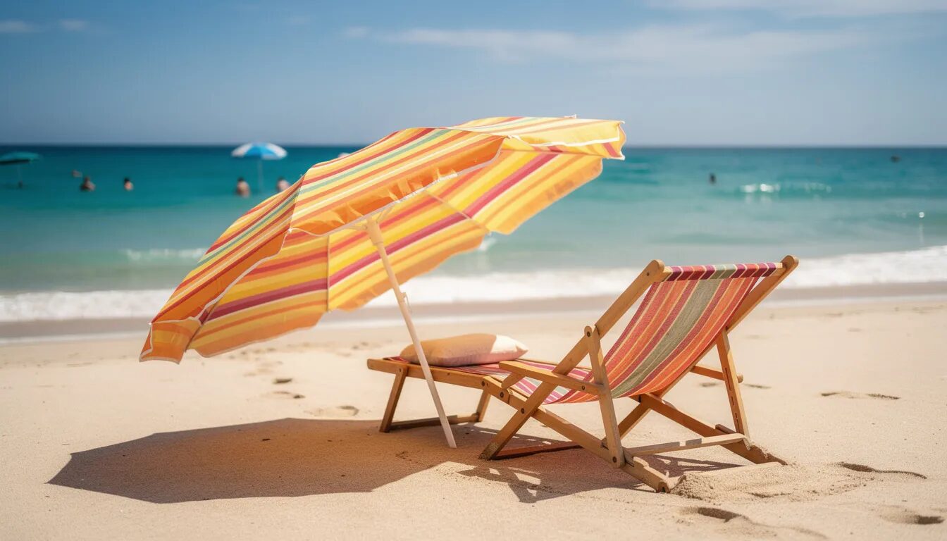 The image depicts a colorful beach umbrella and an empty chair, evoking a sense of summer vacation mode. This scene symbolizes relaxation and leisure, much like effective email marketing strategies that engage customers and enhance their journey.