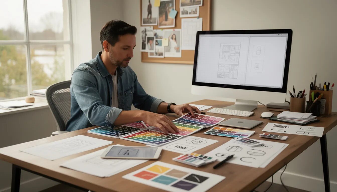 A designer is focused on creating innovative layouts at their desk, surrounded by various color swatches, which are essential for developing visually appealing email marketing campaigns. This workspace reflects the creativity and strategy involved in effective email marketing services.