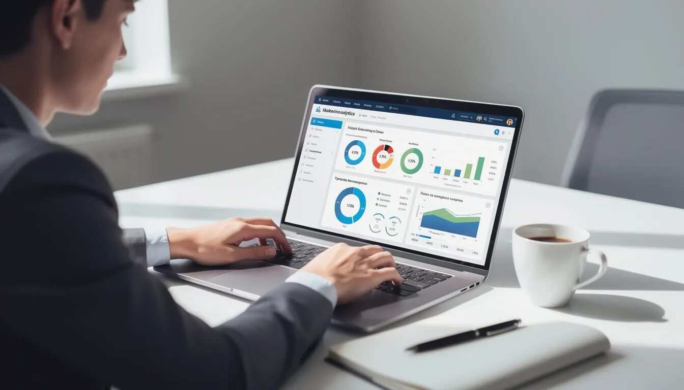 A person sits at a desk, intently reviewing marketing analytics on their laptop, with a coffee cup placed nearby. This scene reflects the work involved in managing email marketing campaigns and optimizing strategies for effective engagement.