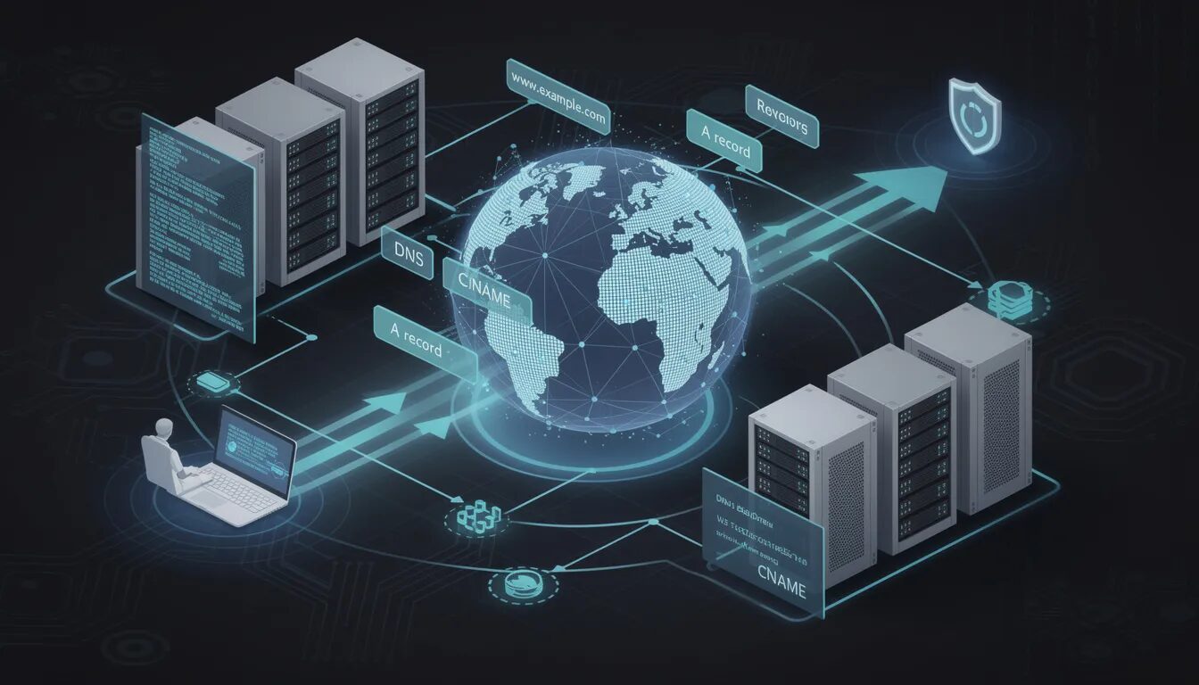 The image illustrates the concept of DNS (Domain Name System) with visual elements representing domain registration, domain controllers, and various domain services. It highlights the interconnectedness of domain management, security features, and the role of domain registrars in providing services like web hosting and email forwarding.
