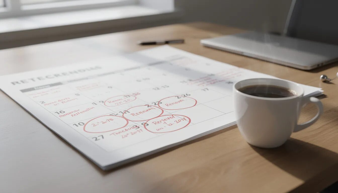The image depicts a calendar on a desk with renewal dates highlighted, alongside a steaming coffee cup, suggesting a busy work environment focused on domain management and registration tasks. This setting emphasizes the importance of keeping track of domain registration deadlines and related services.