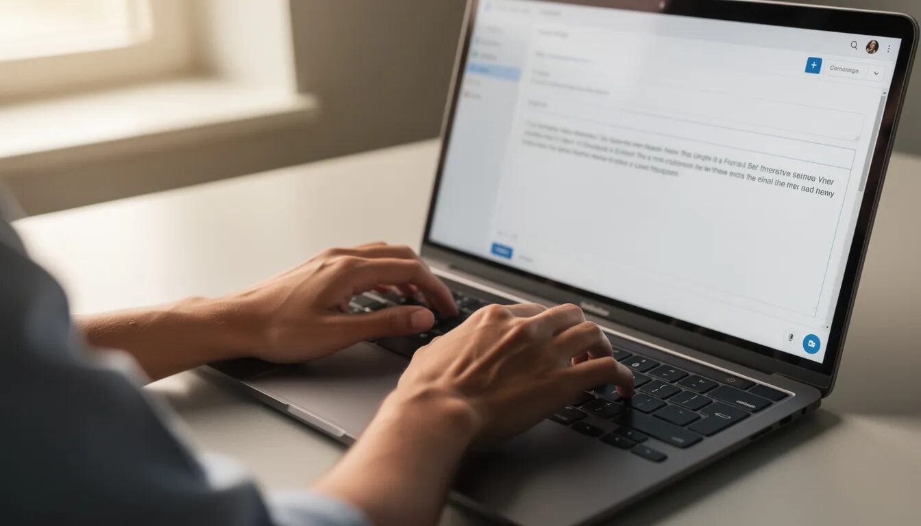 A close-up image of a person's hands actively typing on a laptop keyboard, composing an email that may relate to email marketing strategies or campaigns. The scene captures the essence of digital communication, highlighting the importance of effective email content and deliverability in reaching the target audience.