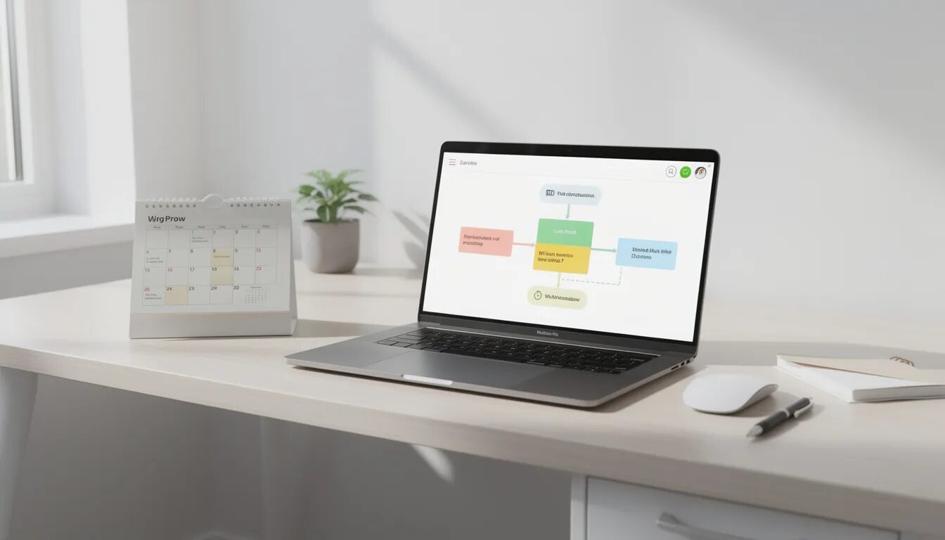 The image depicts a clean and organized desk featuring a laptop displaying a simplified workflow alongside a calendar. This setup highlights the importance of effective email marketing strategies, emphasizing the role of organized planning in enhancing email deliverability and optimizing conversion rates.