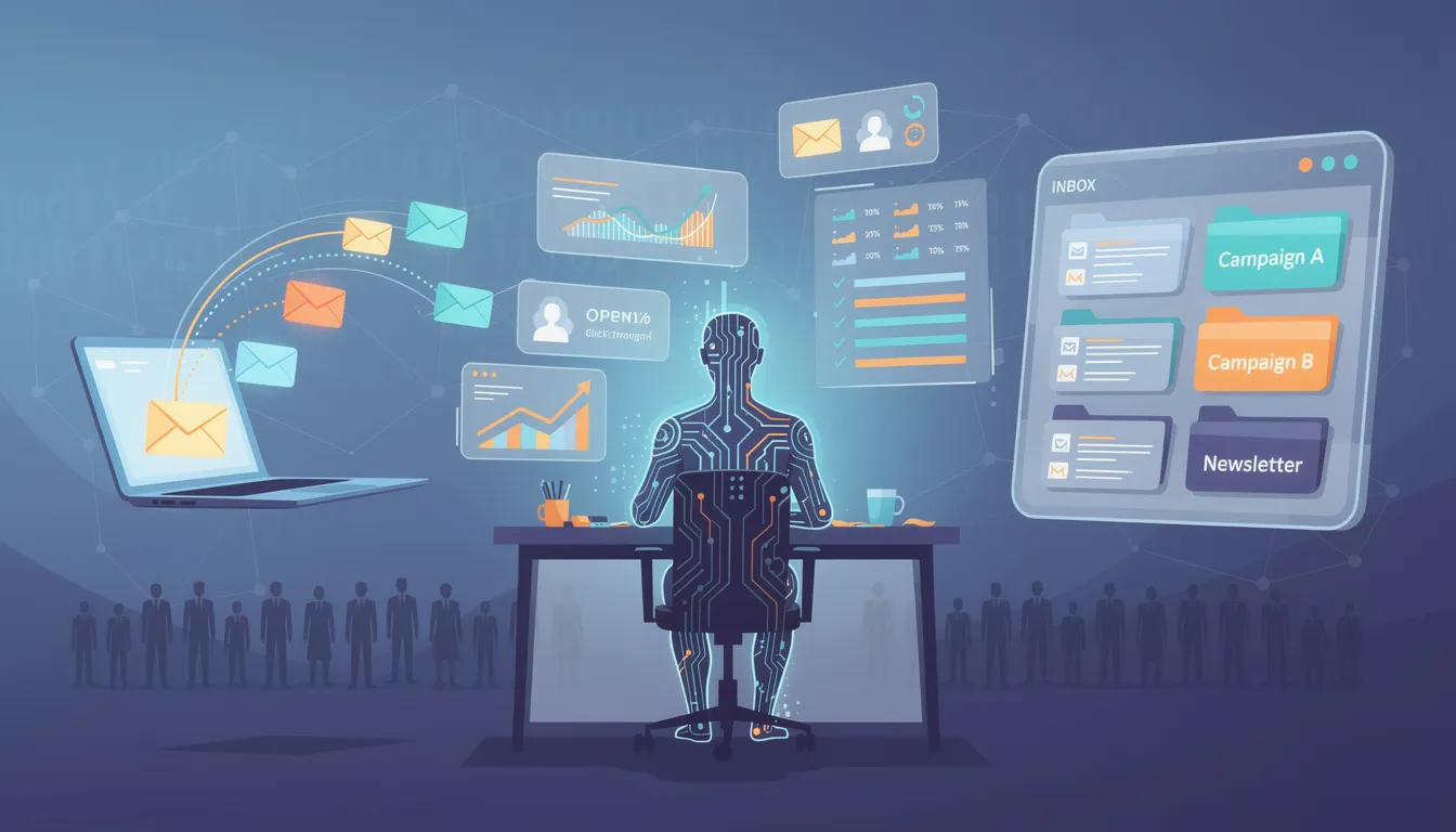 The image depicts a marketing professional working on an email campaign, utilizing AI writing tools to create engaging content that sounds human and resonates with readers. The scene illustrates the blend of technology and creativity, highlighting how AI helps save time while maintaining emotional depth and brand voice in their communications.
