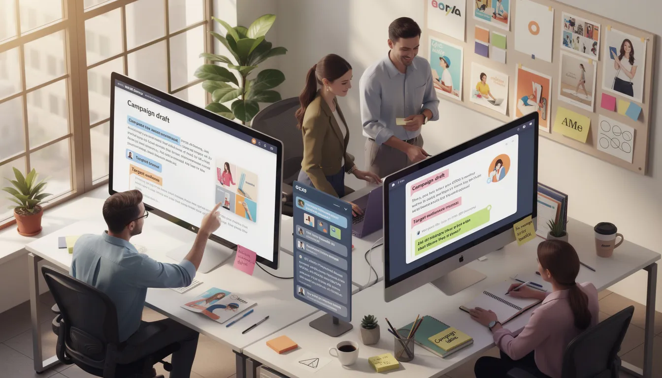 The image depicts a group of marketing professionals collaborating over a table, surrounded by laptops and notebooks filled with drafts of ai-generated content for a campaign. They are discussing how to blend human writing with ai tools to create engaging blog posts and product descriptions that resonate with their brand voice while maintaining emotional depth and clarity.