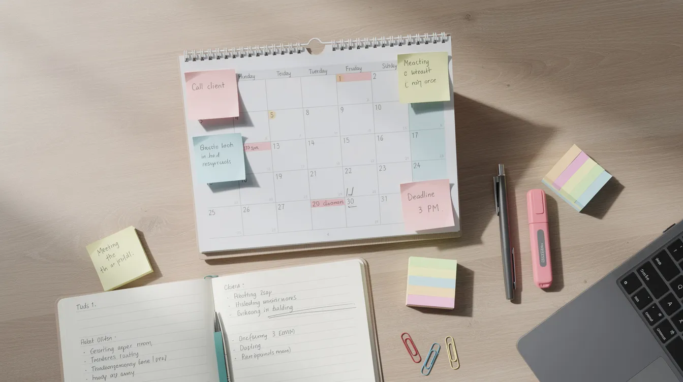 The image features a desk calendar surrounded by colorful sticky notes and various planning materials, suggesting a focus on organizing marketing strategies. This setup indicates a workspace dedicated to crafting effective email marketing campaigns aimed at existing customers, with notes likely containing ideas for subject lines and customer feedback.