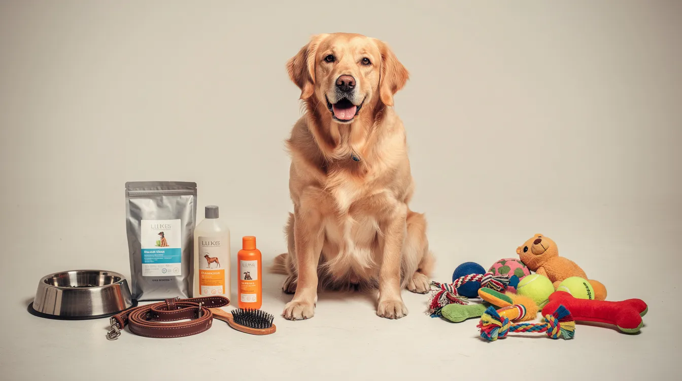A golden retriever dog is sitting next to a variety of colorful pet supplies and toys, including a chew toy and a food bowl. The scene conveys a friendly and playful atmosphere, highlighting the dog's companionship and the importance of quality pet care.
