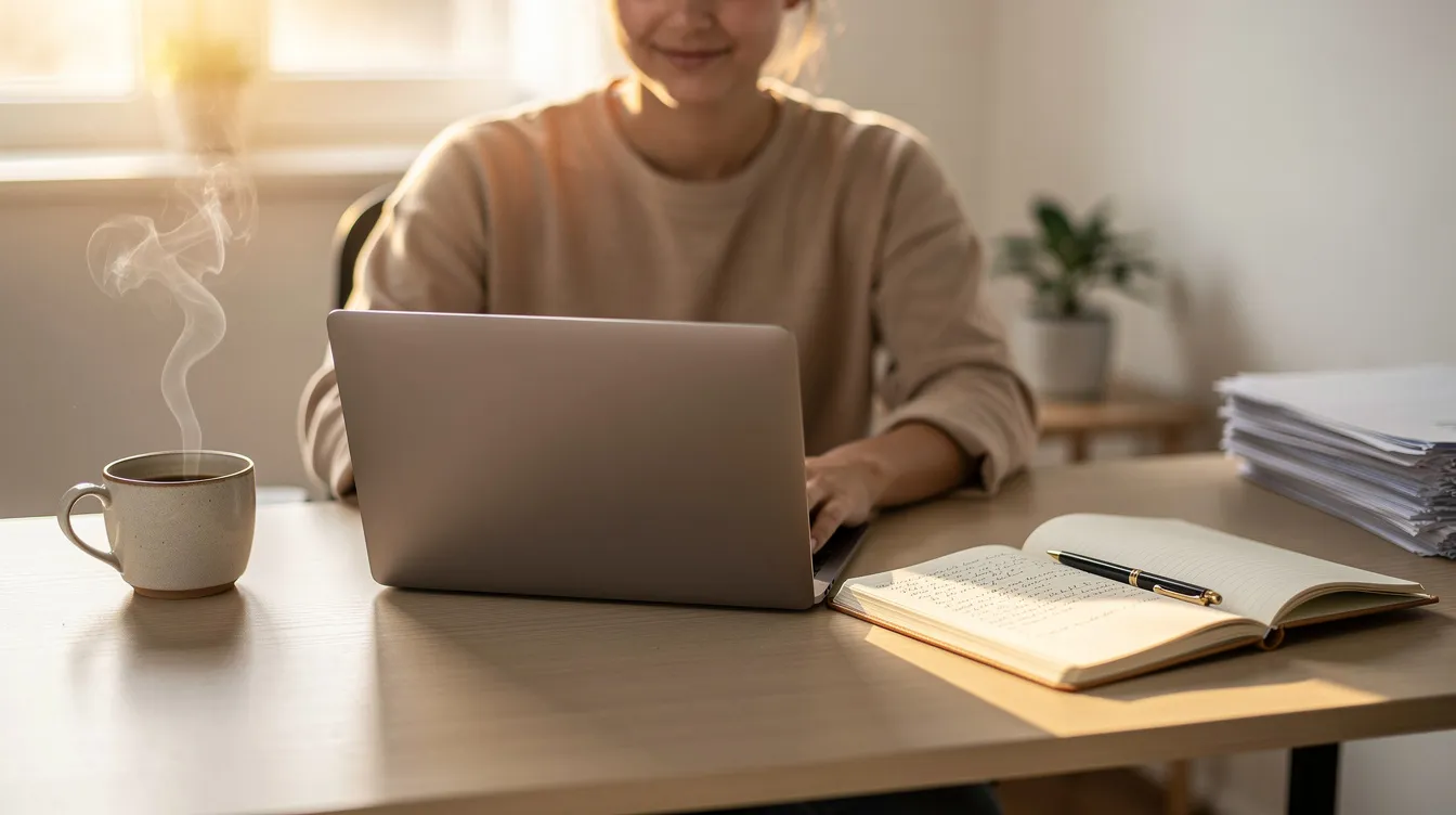 A person is seated at an organized desk, working on a laptop surrounded by a notebook and a coffee cup, all illuminated by natural morning light. This setup highlights the use of productivity tools for efficient task management and time management in a focused work environment.