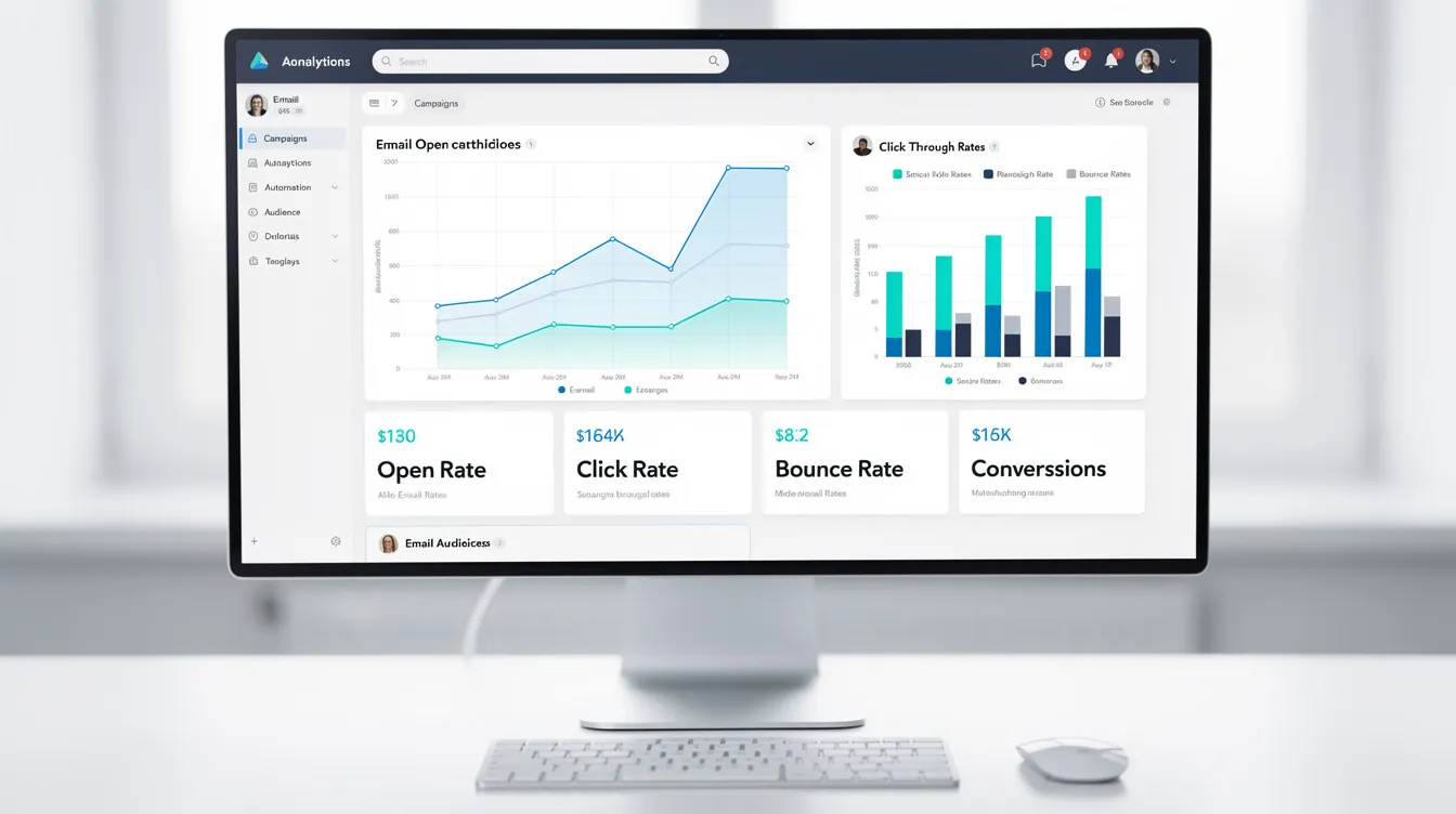 The image features an email marketing dashboard displayed on a computer screen, showcasing various graphs and metrics that track team productivity and campaign performance. This productivity tool provides insights into important tasks and economic performance, aiding users in managing multiple projects efficiently.