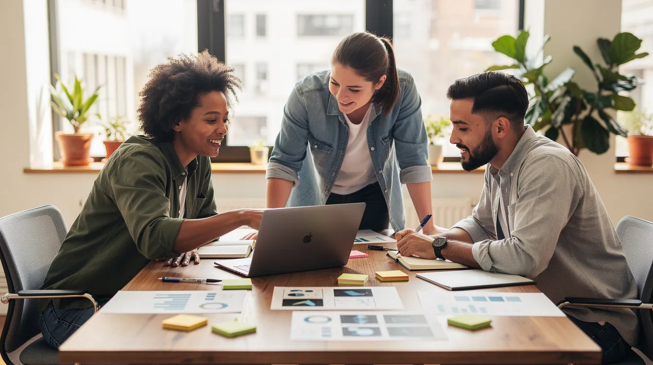 A small marketing team is collaborating around a table, utilizing laptops and notebooks to enhance their productivity. They are engaged in discussions, likely using various productivity tools to manage multiple projects and important tasks efficiently.
