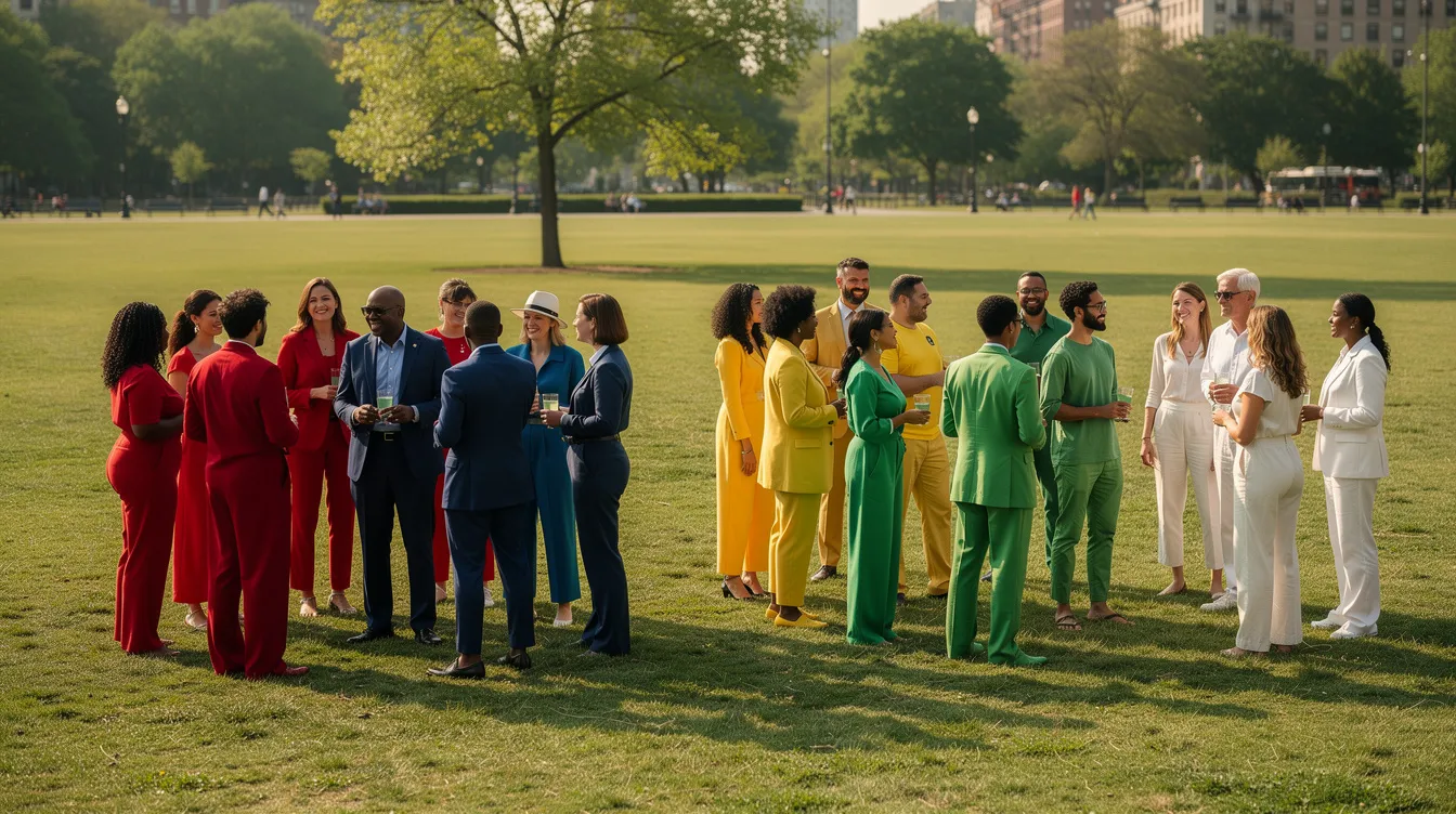 The image depicts a diverse group of people standing in clusters within an open park, each wearing brightly colored clothing, symbolizing the variety of target audiences in a successful email marketing campaign. These distinct groups reflect the importance of tailoring email marketing strategies to engage potential and existing customers effectively.