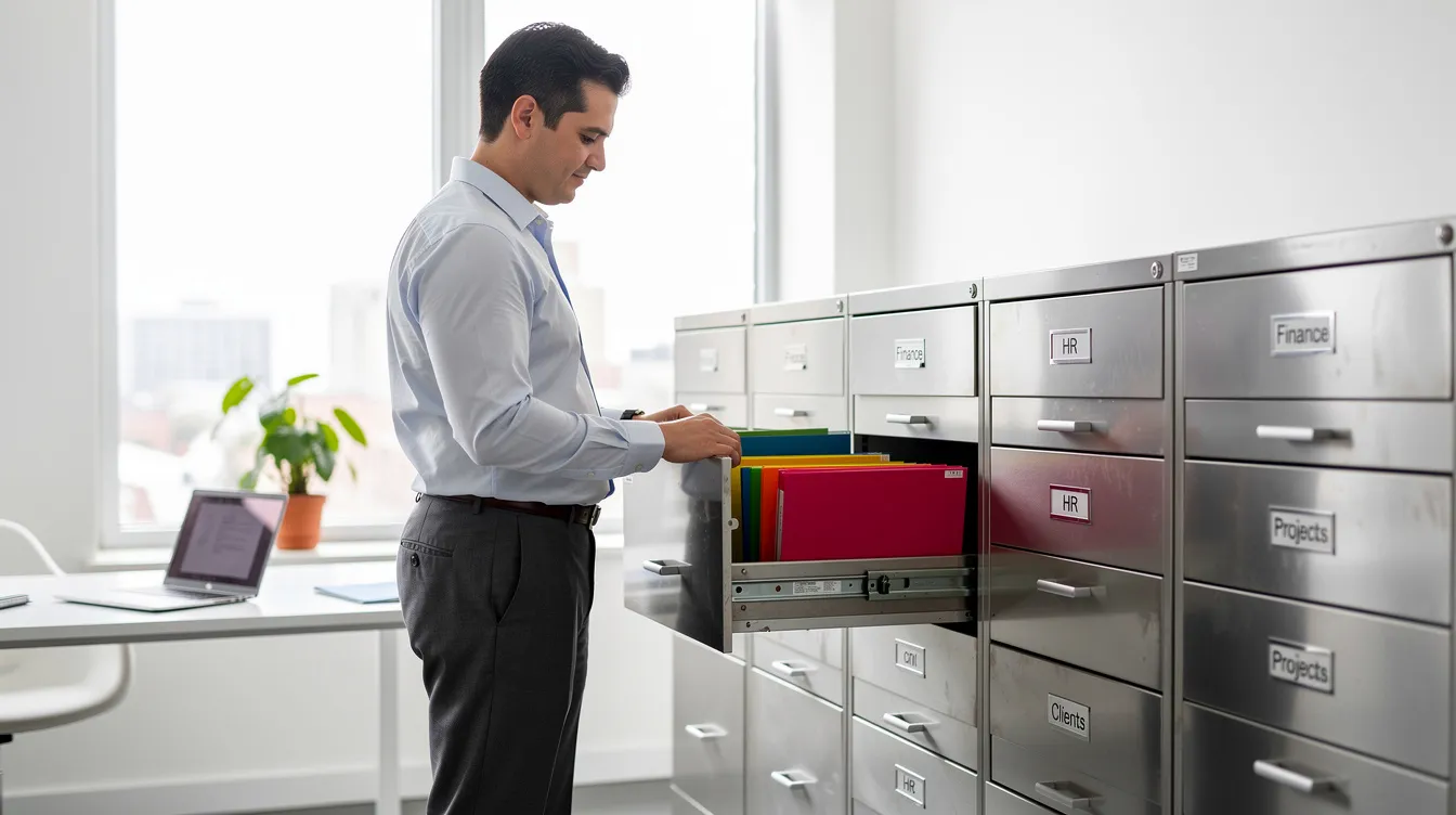 The image shows a person methodically organizing vibrant folders into labeled drawers of a file cabinet in a bright office setting, representing a systematic approach to managing information. This process can be likened to a successful email marketing campaign, where organized customer data is essential for future campaigns and improving customer retention.