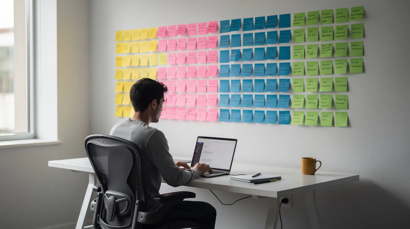 The image depicts a person seated at a desk, focused on a laptop, with an array of neatly organized sticky notes in various colors surrounding them. This setup suggests a systematic approach to planning a successful email marketing campaign, highlighting the importance of organization in digital marketing strategies.