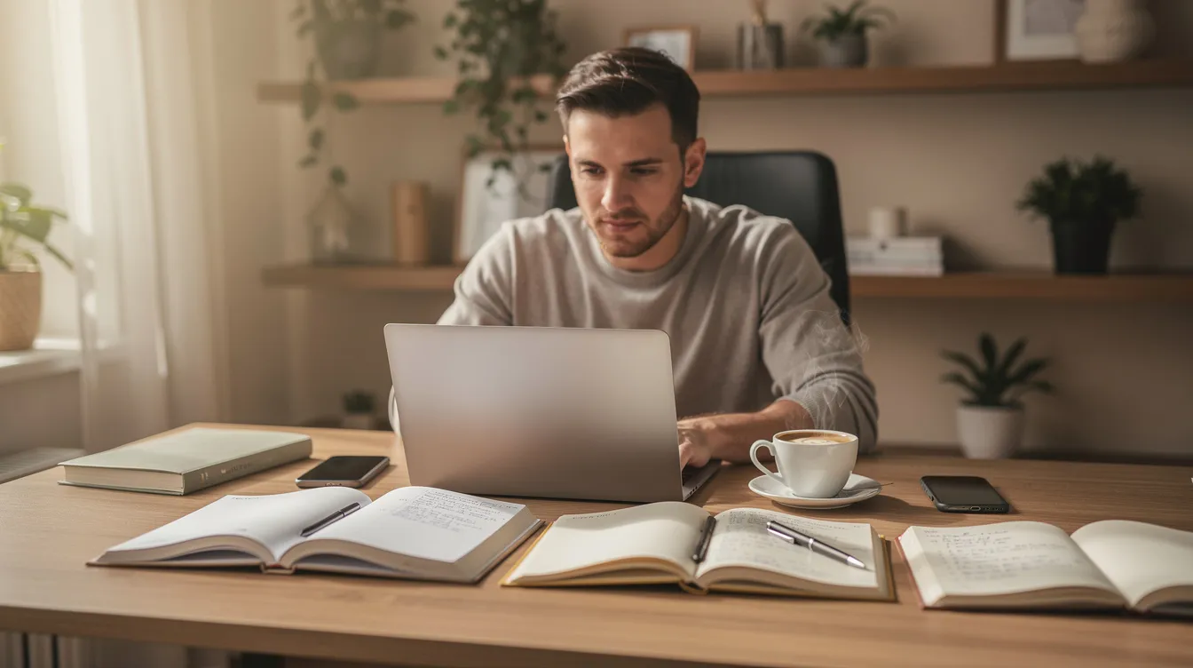 A small business owner is seated at a desk, focused on their laptop while surrounded by coffee and notebooks, working on their email marketing strategy to reach potential and existing customers. The workspace is organized, reflecting their dedication to creating effective marketing campaigns and enhancing customer relationships.