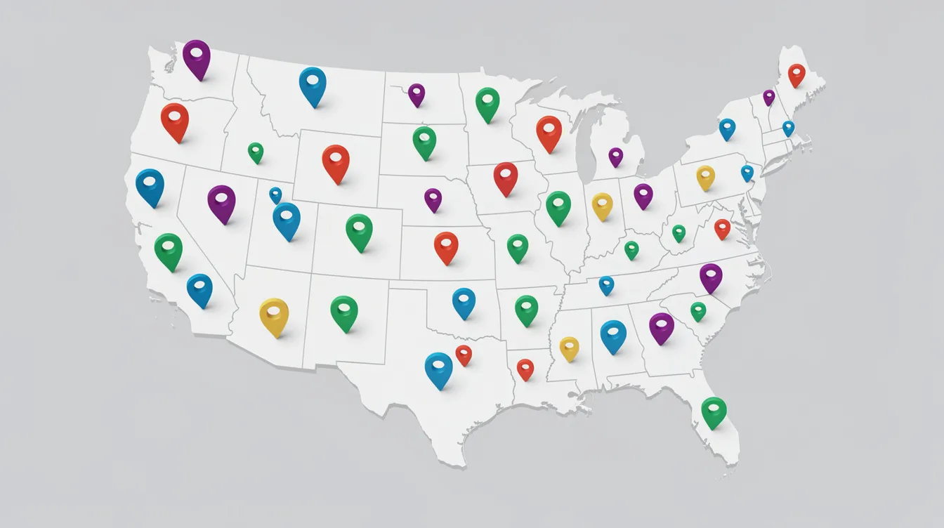 The image depicts a map of the United States featuring colorful location pins scattered across various regions, symbolizing the diverse geographic locations of email marketing efforts targeting existing customers and potential customers. This visual representation highlights the importance of understanding visitor locations in crafting successful email marketing campaigns.