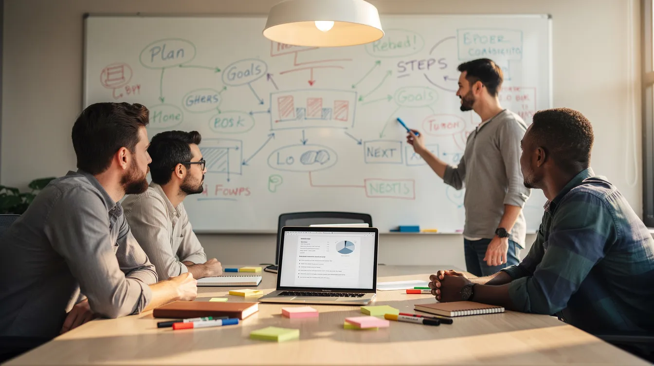 A small team is gathered around a whiteboard filled with colorful marker notes, while a laptop sits on the table, indicating a collaborative session focused on planning and scheduling for marketing campaigns. The atmosphere suggests a brainstorming session where they might be discussing strategies for social media posts and client accounts.