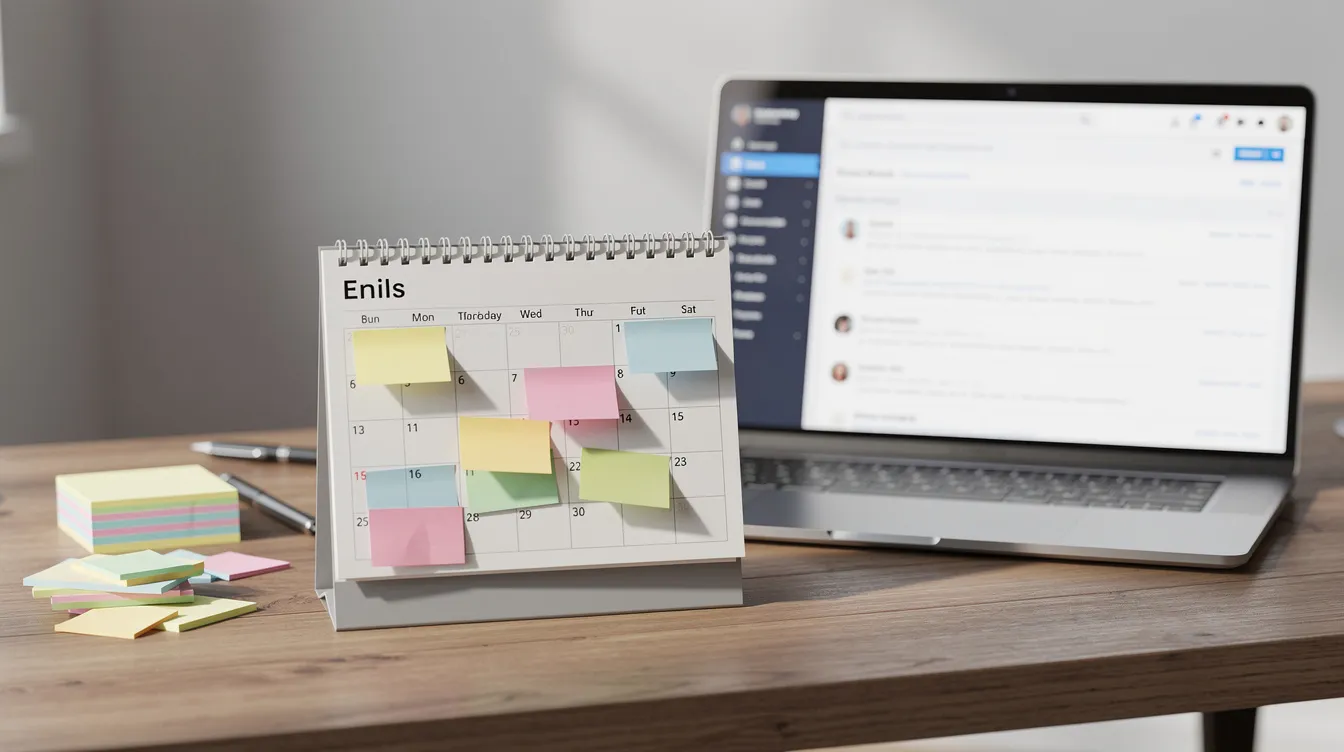 The image features a desk calendar adorned with colorful sticky notes, alongside a laptop displaying an email marketing dashboard. This setup suggests a focus on email list building and managing email campaigns to engage new subscribers and drive traffic to a website.