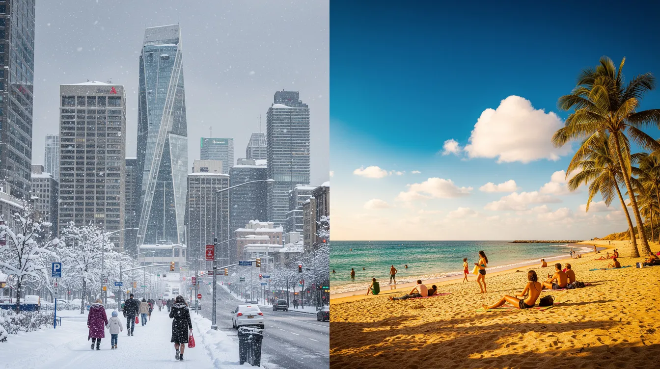 The image features a split screen, with a snowy cityscape on the left side showcasing tall buildings dusted with snow, and a vibrant sunny beach on the right side, complete with golden sand and clear blue waters. This contrast highlights the diverse geographic locations and climates, evoking feelings of winter chill and summer warmth.