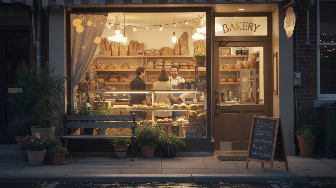 The image depicts a cozy small bakery storefront with a welcoming atmosphere, where customers are gathered at the counter, enjoying the warm interior. This inviting scene reflects a brick and mortar store that could benefit from effective email list building tools to connect with new customers and enhance their experience through exclusive content and promotional messages.