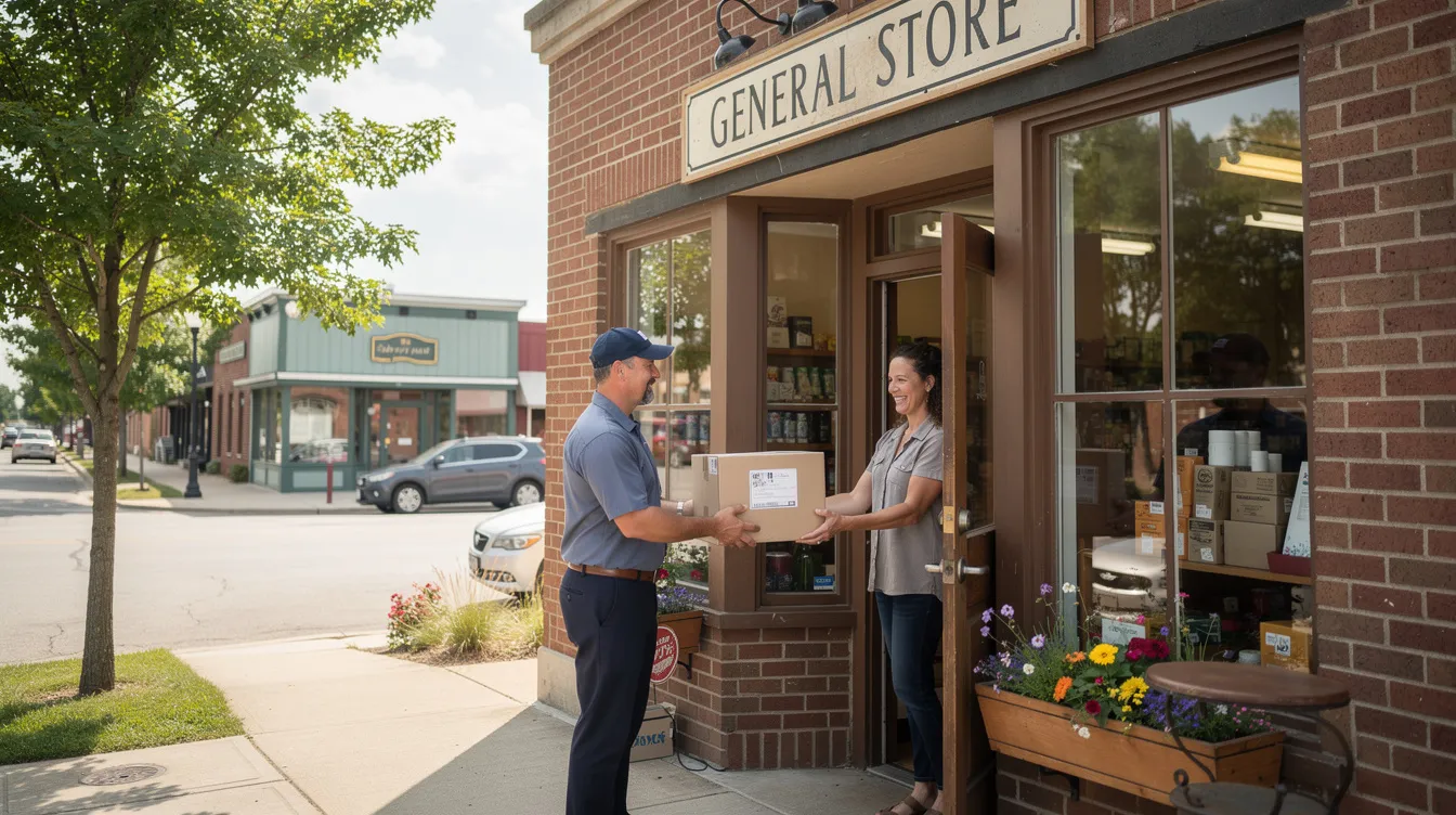 A person stands at the entrance of a small-town storefront, receiving a package delivery, showcasing the local business's engagement with customers. This scene highlights the importance of effective marketing strategies, such as email marketing campaigns, to inform existing customers and enhance customer loyalty.