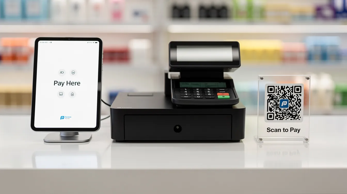 The image shows a retail store counter featuring a tablet display with an email sign-up form and a small stand holding a QR code, designed to collect email addresses from potential customers. This setup encourages visitors to join the email list for exclusive content and promotional messages.
