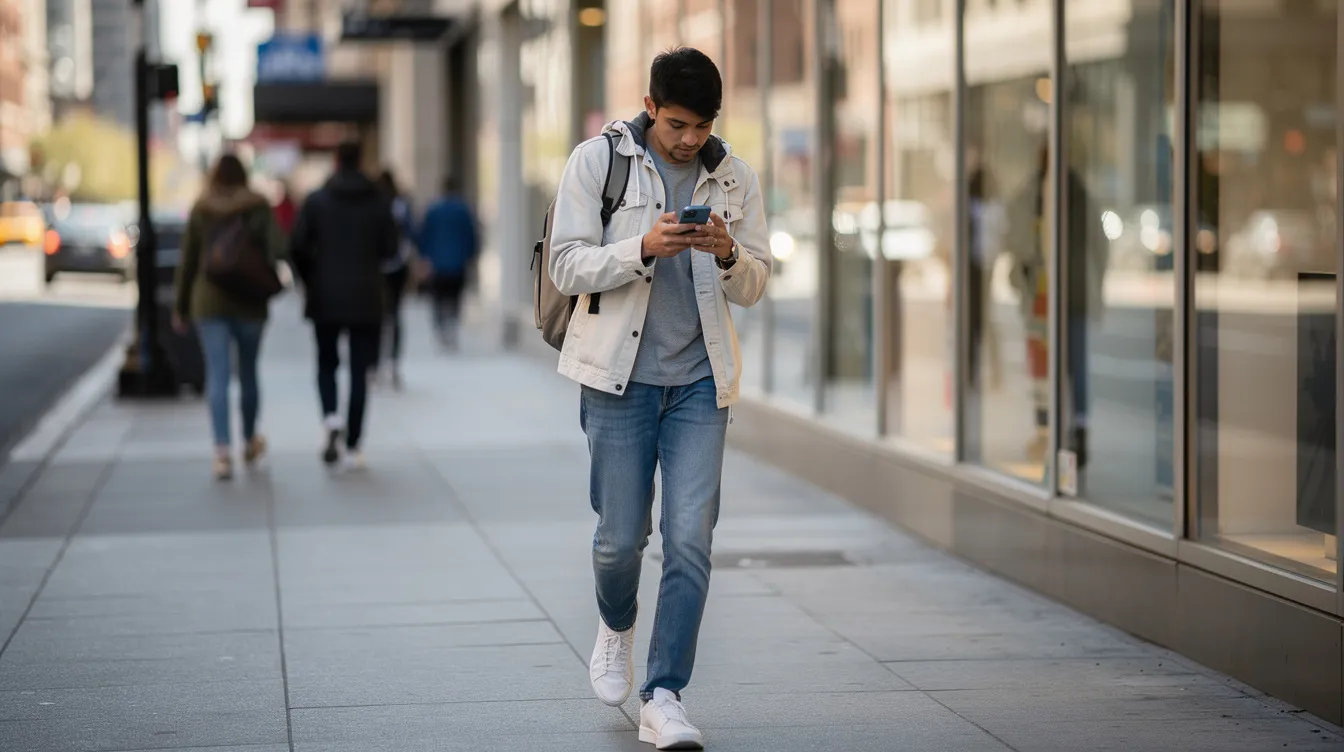 A person is walking down a bustling city sidewalk, intently scrolling through their phone, likely checking marketing emails or engaging with an email marketing campaign. The scene captures the modern blend of urban life and digital communication, highlighting how individuals stay connected with their target audience on the go.