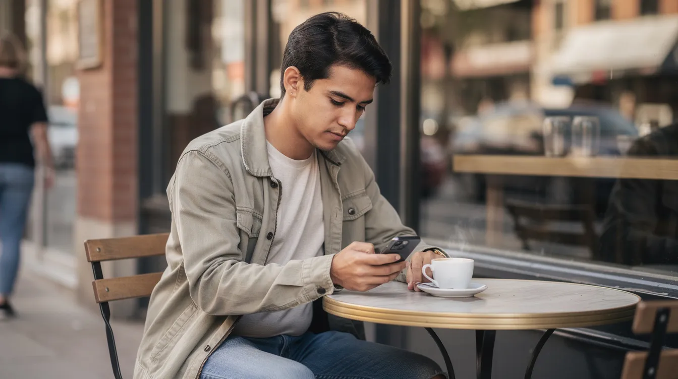 A person is casually glancing at their phone while seated at a small cafe table, with a coffee cup in front of them, embodying a relaxed moment amidst their busy day. This scene reflects the importance of engaging marketing emails that can capture the attention of users, ensuring they don't end up in the spam folder.