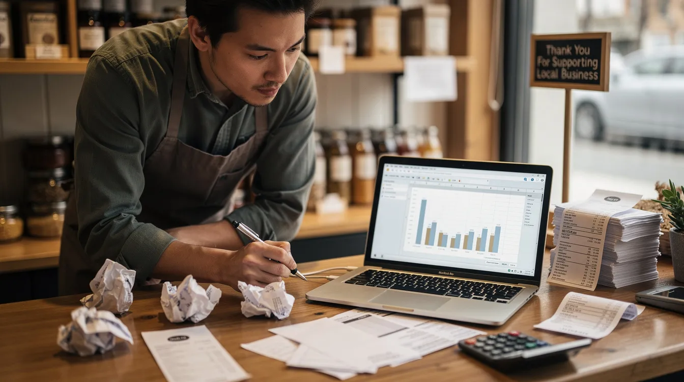 A small business owner is sitting at a counter, intently reviewing sales reports while using a laptop surrounded by receipt papers. This scene highlights the importance of analyzing data for effective email marketing campaigns to avoid common mistakes and improve email deliverability to their target audience.